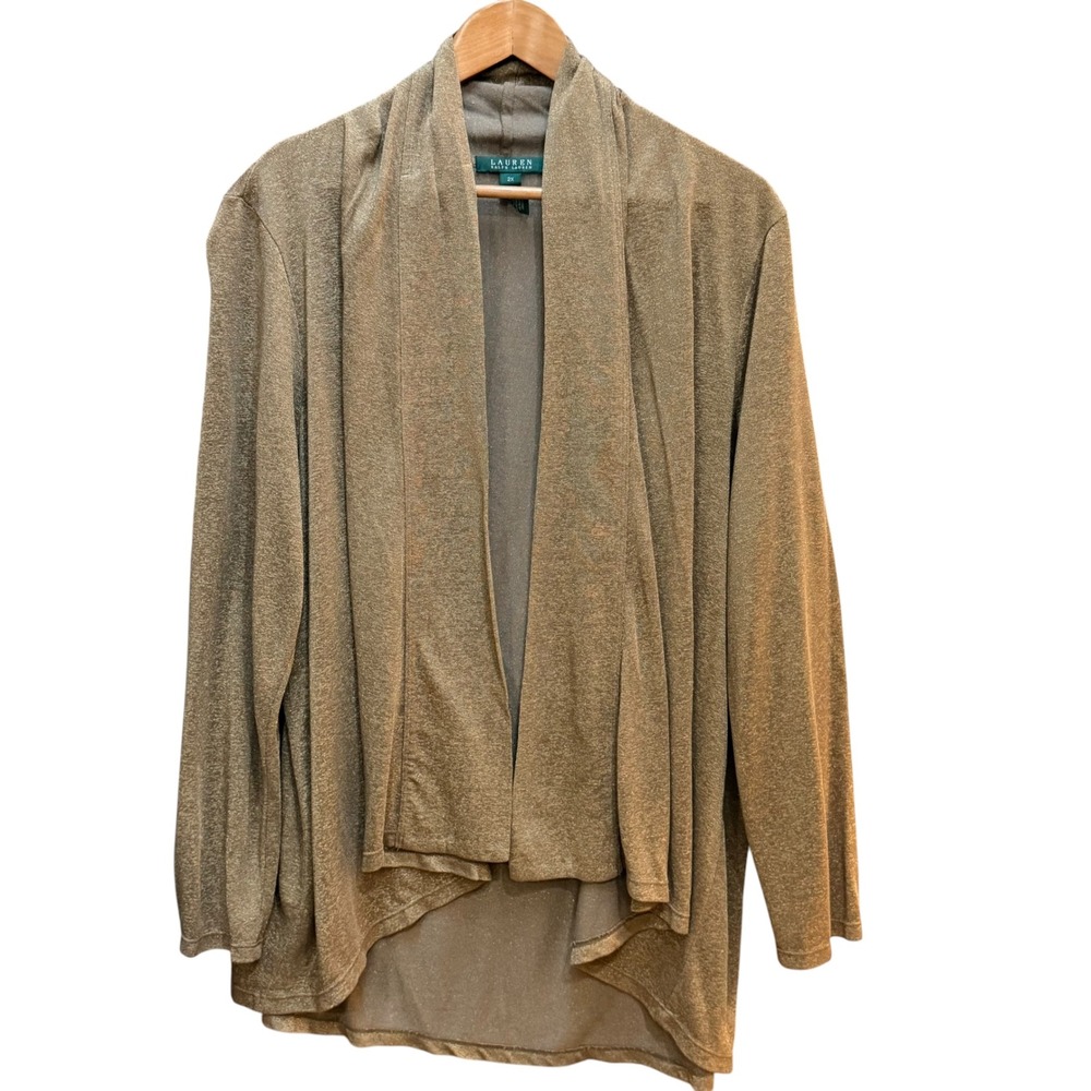 Lauren Ralph Lauren Cardigan Women 2X Gold Metallic Open Front Shimmer Sweater